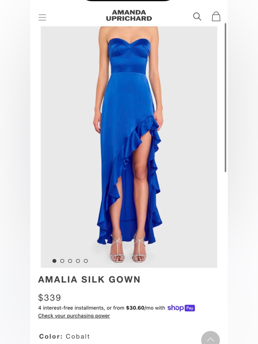 Amanda Uprichard Amalia Silk Gown in Cobalt Size XS